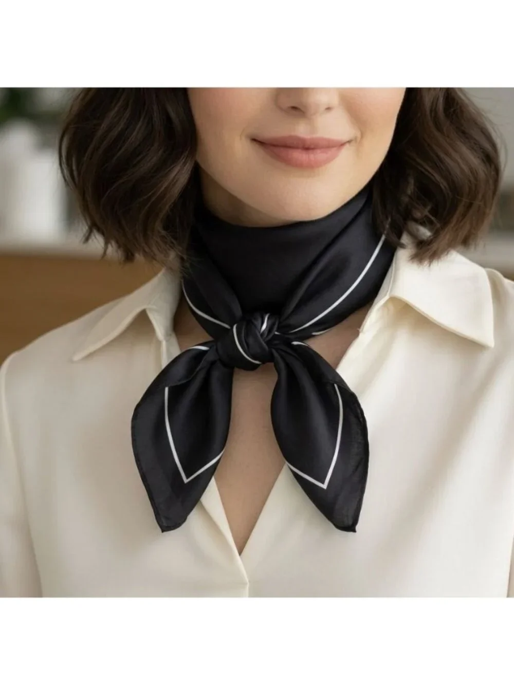 Luxury Elegant Minimalist Soft Silky Square Scarf Black With White Border Hijab